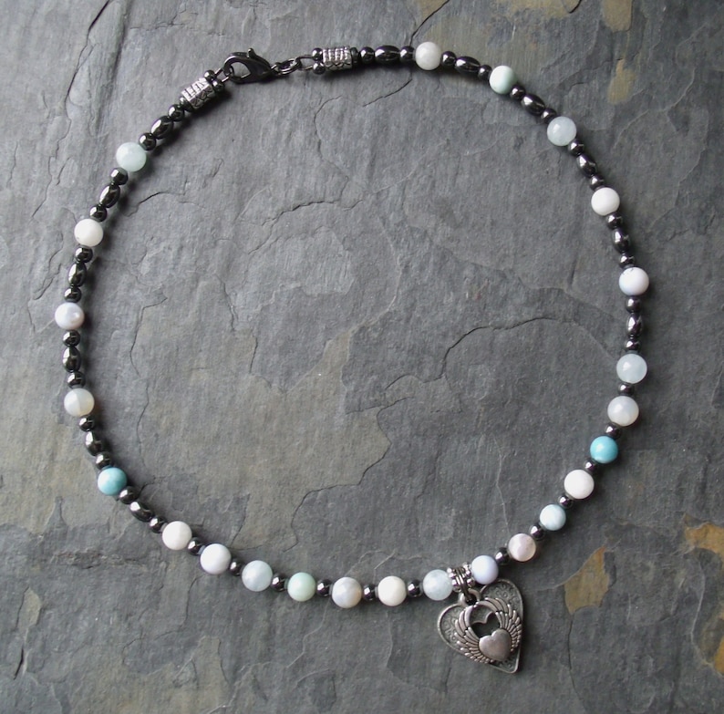 Silver Wing Beaded Necklace Ethereal Angel Wings with Heart Mixed Stone Beaded Choker Handmade Necklace