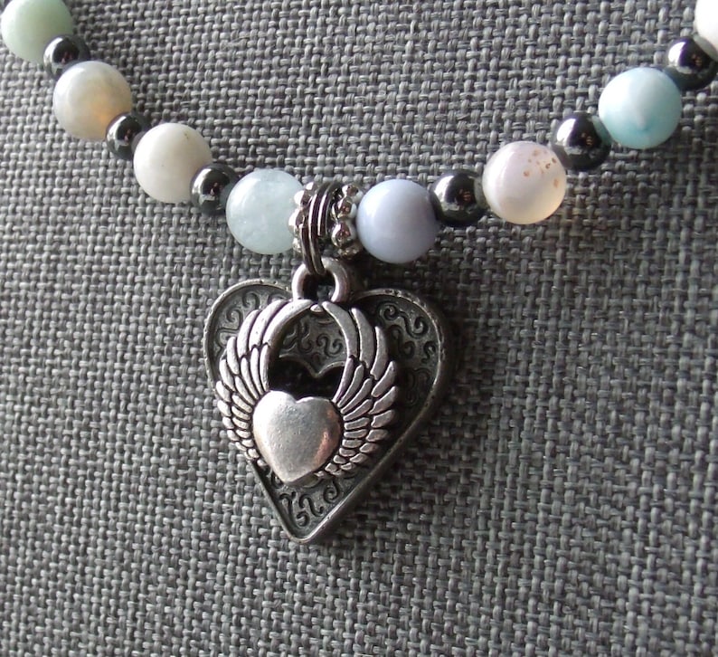 Silver Wing Beaded Necklace Ethereal Angel Wings with Heart Mixed Stone Beaded Choker Handmade Necklace
