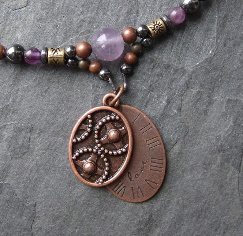 Amethyst Necklace Copper Beaded Jewlery Love Charm Clock Face Pendant Lavender Stone Amethyst Jewelry
