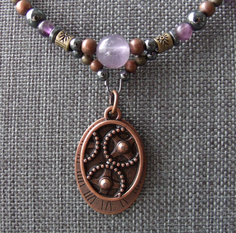 Amethyst Necklace Copper Beaded Jewlery Love Charm Clock Face Pendant Lavender Stone Amethyst Jewelry