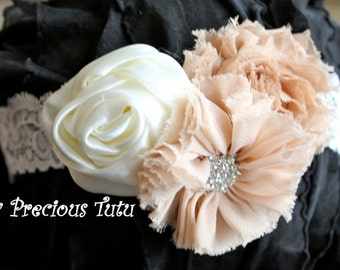 Shabby Rose Headband, Satin Rose Headband, Lace Headband by My Precious Tutu