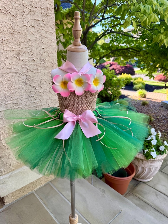 Hawaiian Luau Tutu Dress, Tropical Flowers, Green Tulle, Crochet Top Set