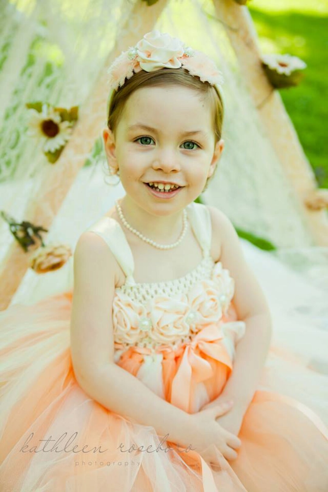 Peach Flower Girl Dress, Peach Tulle Dress, Peach and Ivory Tulle Dress