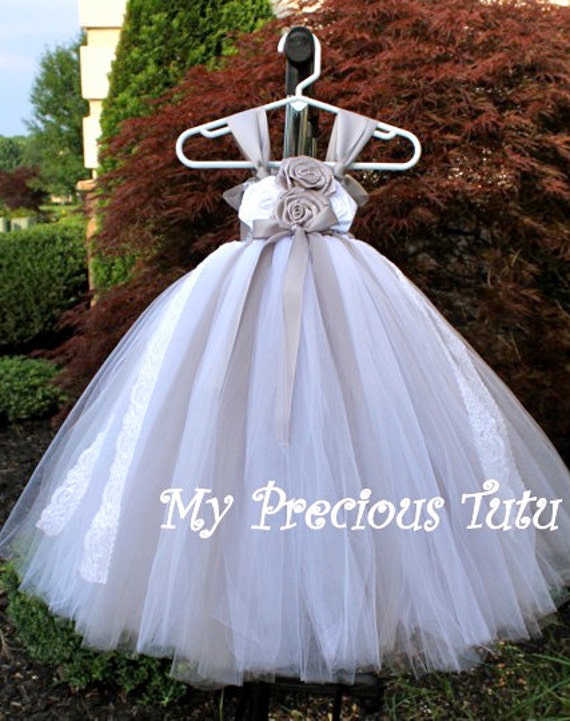 Silver and White Tutu Dress, Satin Rose Tutu Dress, Silver Flower Girl  Dress, Gray Flower Girl Dress, Silver Tutu Dress by My Precious Tutu