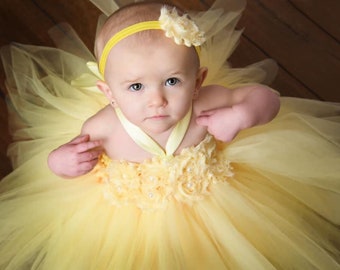 Yellow Tutu Dress / Yellow Flower Girl Dress / Junior Bridesmaid Dress - shabby Flowers Dress - Tulle Dress - Wedding Dress - Toddler Tutu