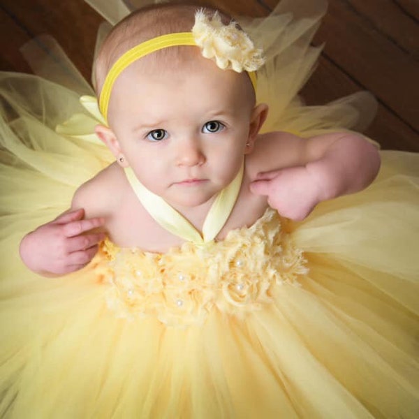 Yellow Tutu Dress / Yellow Flower Girl Dress / Junior Bridesmaid Dress - shabby Flowers Dress - Tulle Dress - Wedding Dress - Toddler Tutu