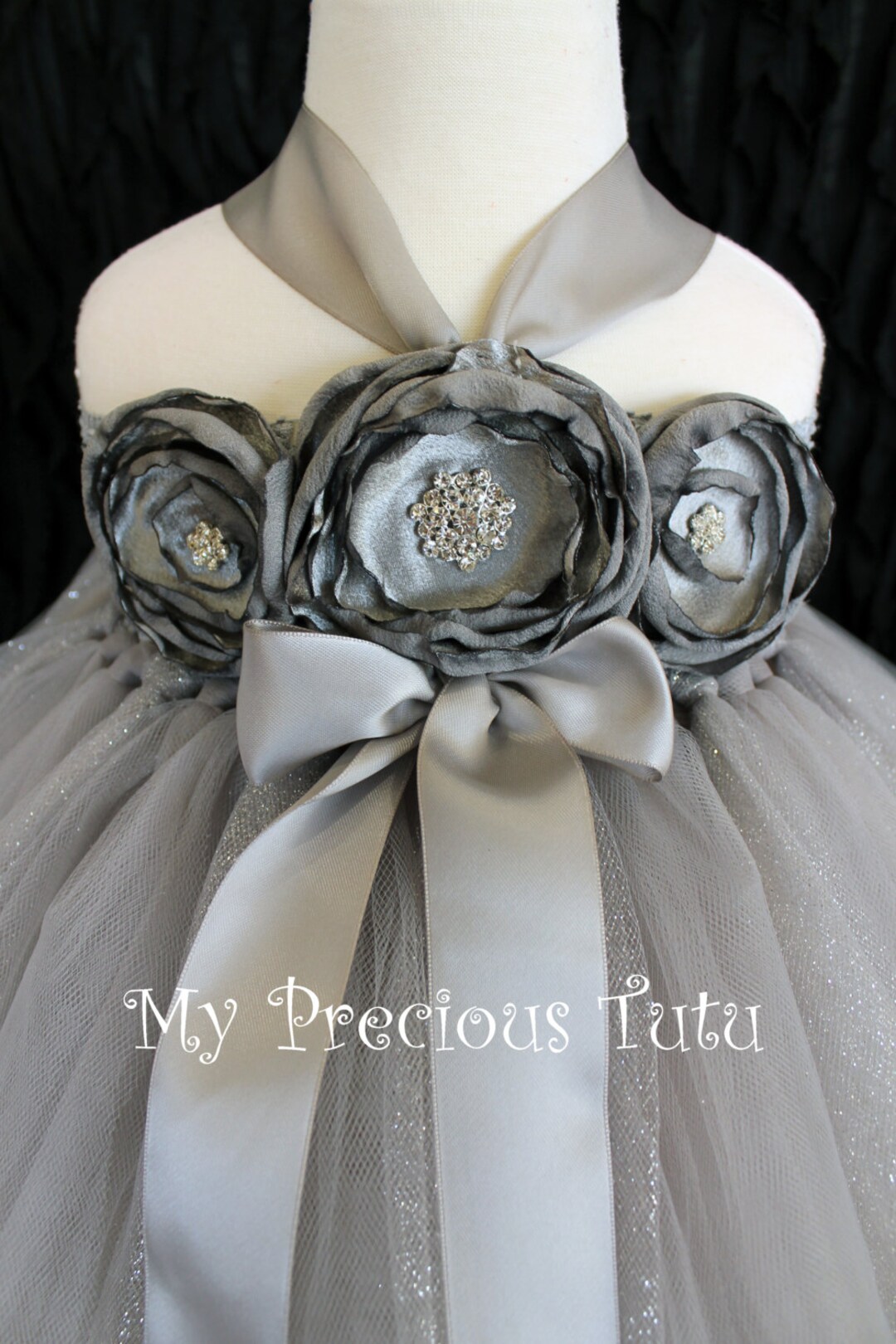 silver flower girl dresses Sleeveless Short Dress with 3D flowers Flower Girl Silver Dress Tip To   Sparkly Gowns