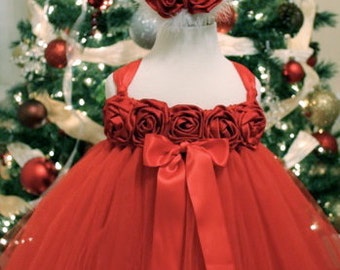 Holiday Tutu Dress made in Red Tulle on a Red Crochet Tutu Top trimmed in Red Satin Roses and Satin Ribbon by My Precious Tutu