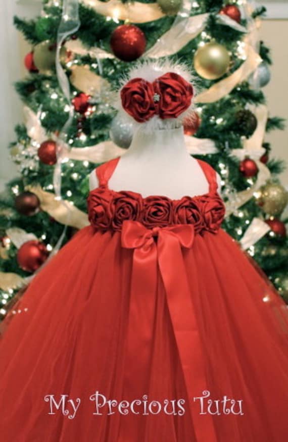 Holiday Tutu Dress made in Red Tulle on a Red Crochet Tutu Top trimmed in  Red Satin Roses and Satin Ribbon by My Precious Tutu
