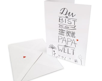 Vaderdagkaart voor de beste vader ter wereld | Wenskaart met envelop voor Vaderdag, verjaardag | Witgrijs met bloemen | Handbelettering