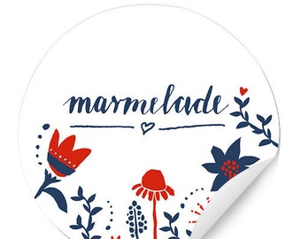 Marmeladenetiketten Weiß Blau Rot | 24 Blumen Sticker im floralen Vintage Design | Etiketten für selbstgemachte Marmelade & Einmachgläser