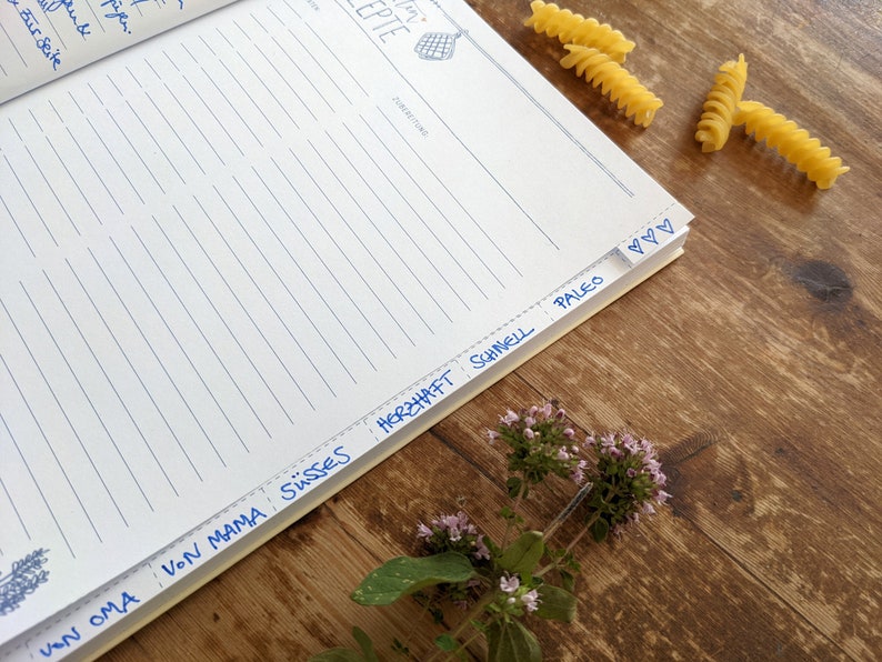 Receptenboek A5 om zelf te schrijven Mijn favoriete recepten DIY-kookboek, cadeau-idee Ontwerp in geelblauw Gerecycled papier, zachte kaft afbeelding 8