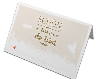 Tischkarten zum beschriften Creme - Schön, dass du da bist - 50 Namenskarten, Platzkarten aus Recyclingpapier für Hochzeit, Geburtstag