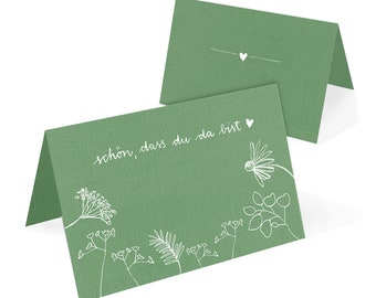 Tischkarten zum beschriften Lindgrün - Schön, dass du da bist - 50 Namenskarten, Platzkarten aus Recyclingpapier für Hochzeit, Geburtstag