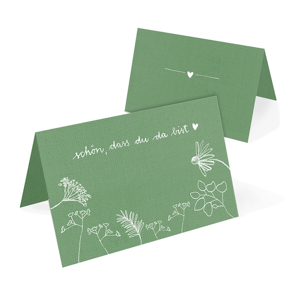 Tischkarten zum beschriften Lindgrün - Schön, dass du da bist - 50 Namenskarten, Platzkarten aus Recyclingpapier für Hochzeit, Geburtstag