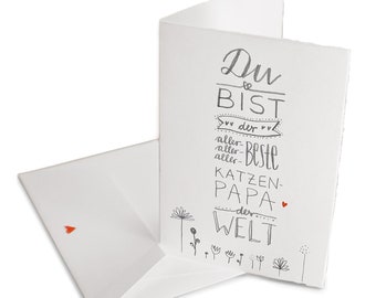 Vaderdagkaart voor de allerbeste kattenvader | Wenskaart met envelop voor Vaderdag, verjaardag | Witgrijs met bloemen | Handlettering dek