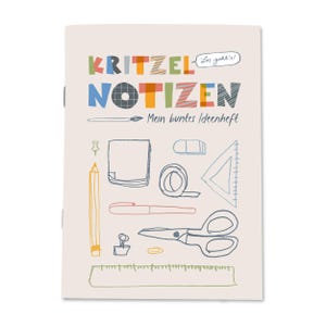 Könnte beinhalten: Ein Notizbuch mit den Worten "KRITZEL NOTIZEN" in bunten Buchstaben und dem Satz "Mein buntes Ideenheft". Das Cover zeigt Illustrationen von Schulmaterialien wie Bleistift, Schere und Lineal.