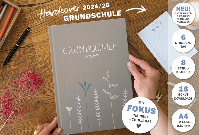 Grundschulplaner 2024 2025 A4 Lehrerkalender für Unterrichtsvorbereitung & Planung Lehrerplaner Schuljahr 2024/25 21x30 cm, grau weiß Bild 2