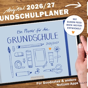 Può includere: Un'agenda digitale per la scuola elementare, intitolata "Grundschulplaner 2026/27", visualizzata su un tablet. Lo schermo azzurro presenta materiali scolastici disegnati a mano e testo in tedesco. Include funzionalità per compiti quotidiani e pianificazione delle lezioni.