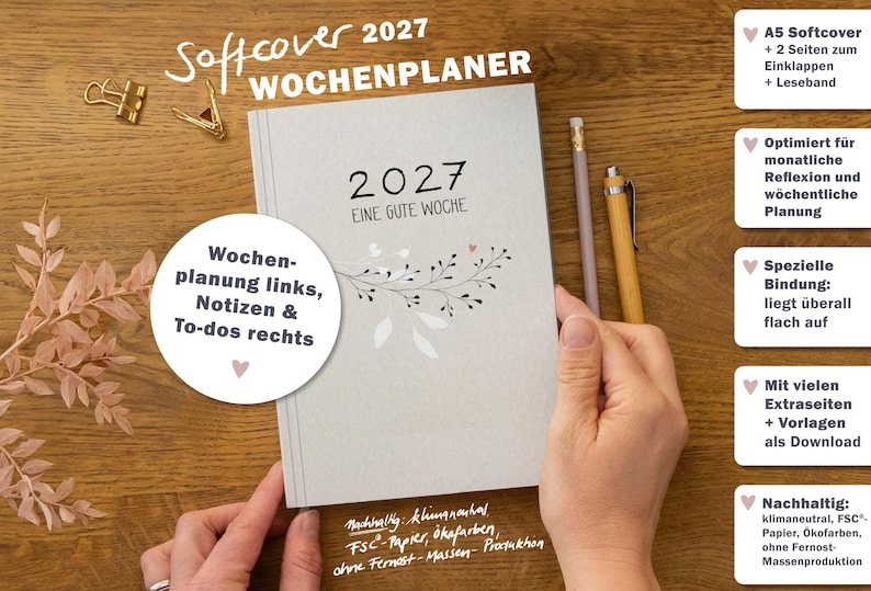 Planer 2027 Wochenplaner A5 Softcover mit Ota-Bind Leseband und Einklappseiten Terminplaner mit zarten Blumen