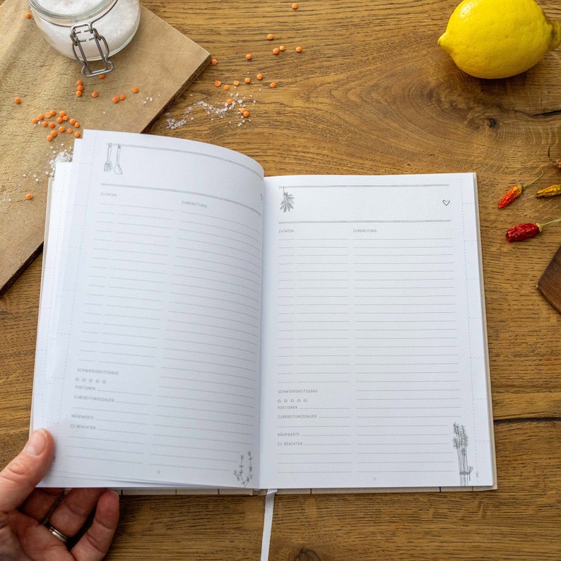 Livre de recettes tout compris en A5 à écrire soi-même Livre de recettes DIY, livre de pâtisserie, idée cadeau Crème Beige Bleu Papier FSC, couverture rigide image 3