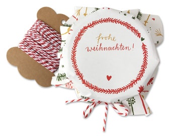 25 Marmeladendeckchen - Frohe Weihnachten! | Gläserdeckchen Weiß Bunt | Marmelade & Weihnachtsgeschenke | Recyclingpapier Abreißblock + Garn