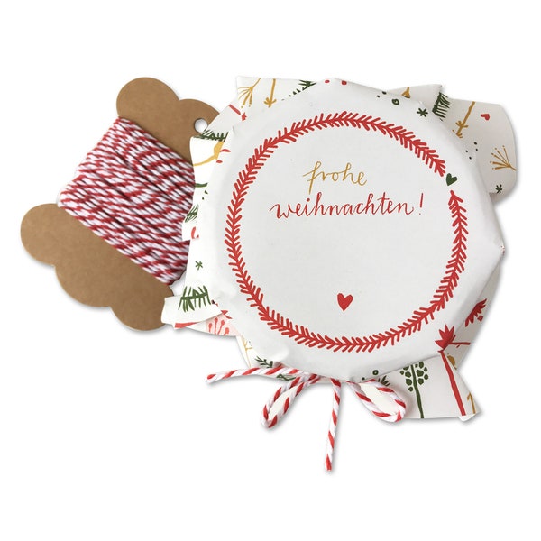 25 Marmeladendeckchen - Frohe Weihnachten! | Gläserdeckchen Weiß Bunt | Marmelade & Weihnachtsgeschenke | Recyclingpapier Abreißblock + Garn