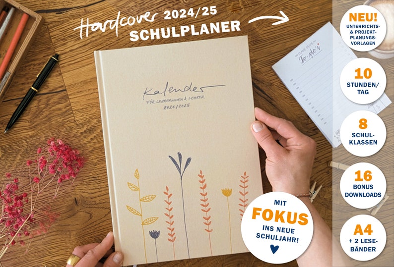 Lehrerkalender 2024 2025 A4 Lehrerplaner für Unterrichtsvorbereitung & Planung Schulplaner für Schuljahr 2024/25 21x30 cm, creme beige Bild 2