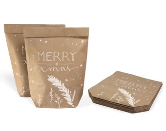 12 Geschenktüten - merry xmas | Weihnachtstüten als Geschenkpapier Alternative für Geschenke, Kekse | 14 cm x 22 cm | beige weiß
