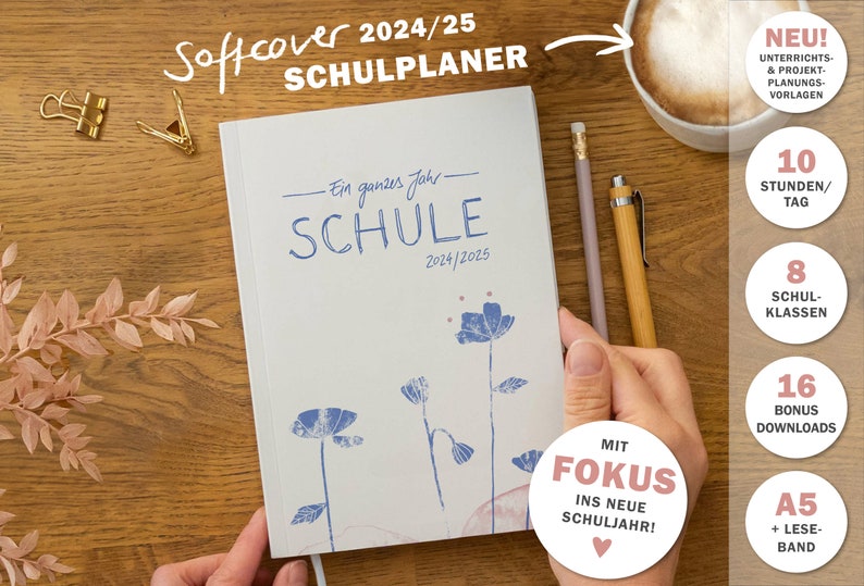 Lehrerkalender 2024 2025 A5 Lehrerplaner für Unterrichtsvorbereitung Softcover Schulplaner für Schuljahr 2024/25 creme blau rosa Bild 2