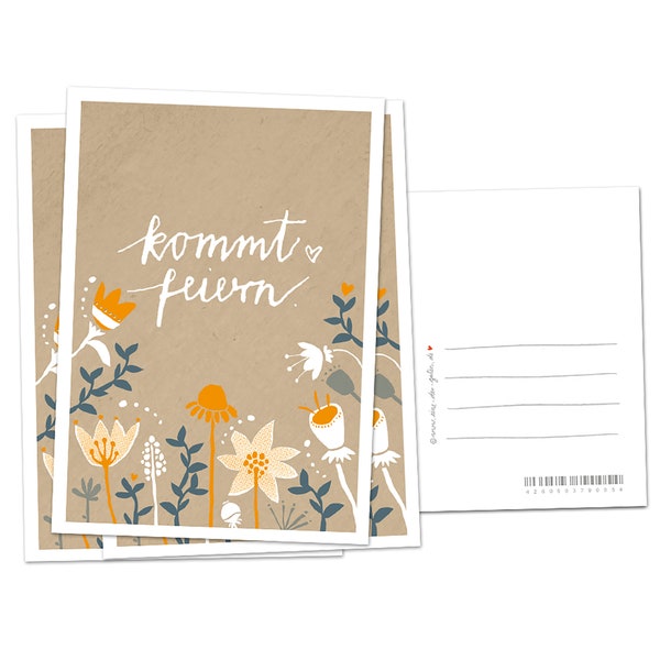 Uitnodigingskaarten - Kom vieren! | Beige Wit Oranje Blauw met Bloemen | Uitnodigingen van gerecycled papier voor bruiloften, verjaardagen, jubilea