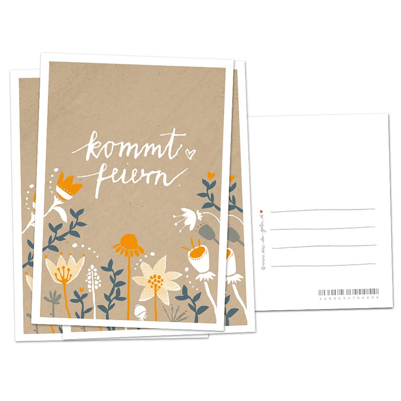 Einladungskarten Kommt feiern Beige Weiß Orange Blau mit Blumen Recyclingpapier Einladungen für Hochzeit, Geburtstag, Jubiläum Bild 1