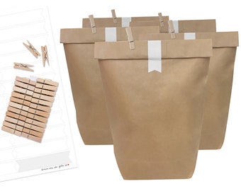 Gift bags SET with 24 blank stickers, kraft paper bags & mini clips | with pennant stickers for labeling thank you gifts