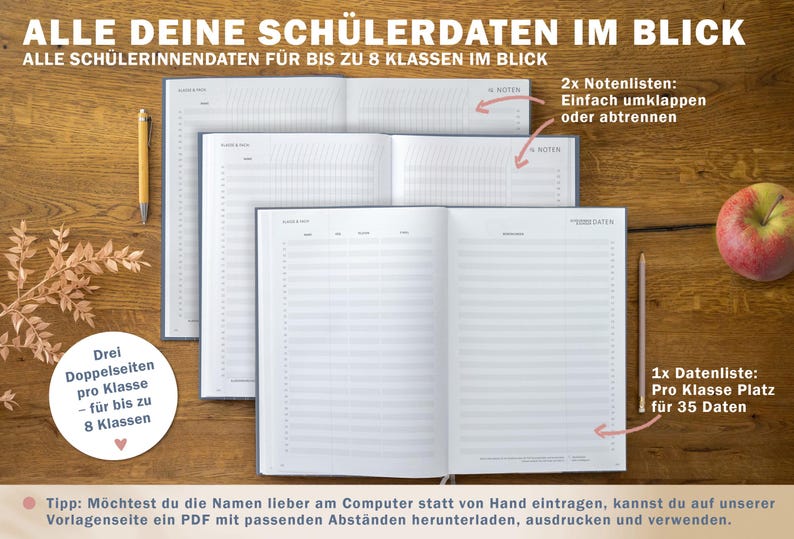 Terminkalender für Lehrerinnen & Lehrer, Schuljahr 2026 2027, mit Stundenplan, Klassenliste und Planungshelfer