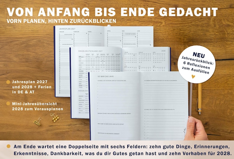 Kalender 2027 mit Jahresplan, Ferienübersicht für Deutschland und Österreich, Mini Jahresübersicht 2028 und Jahresrückblick zum Ausfüllen