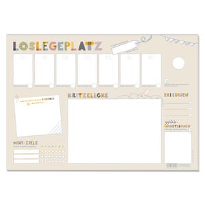 Könnte beinhalten: Ein beigefarbener Wochenplaner mit dem deutschen Text "LOSLEGEPLATZ" oben. Er verfügt über Abschnitte für jeden Wochentag, einen Notizbereich und einen Bereich für Ziele. Enthält den Text "KRITZELECKE" und "ERLEDIGEN".