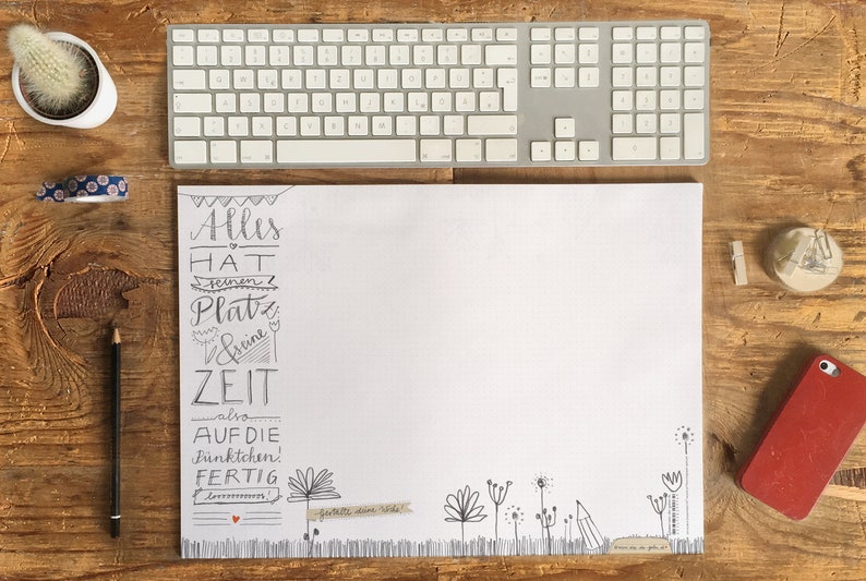 Desk pad A3 with dot grid, floral hand lettering design, white image 2