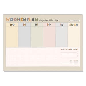 Op de afbeelding: Een wekelijkse planner in pastelkleuren met het woord "WOCHENPLAN" bovenaan. De dagen van de week staan bovenaan vermeld. Er is een sectie voor notities en een sectie voor belangrijke taken van de week.