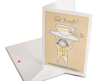 Grappige wenskaart met envelop - veel sterkte, handgeschept papier, beige, retro