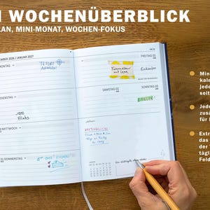 Wochenplaner 2027 mit Woche auf Doppelseite, Mini Monatskalender, Wochenfokus und viel zusätzlichem Platz für Notizen