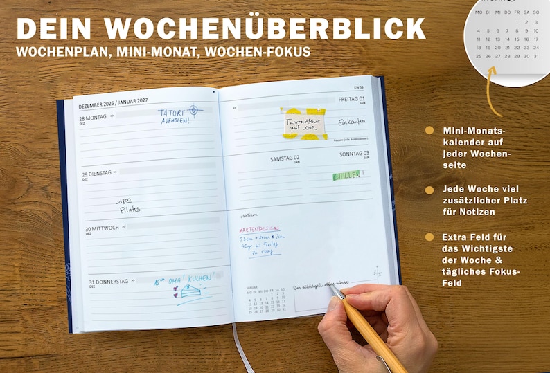Wochenplaner 2027 mit Woche auf Doppelseite, Mini Monatskalender, Wochenfokus und viel zusätzlichem Platz für Notizen