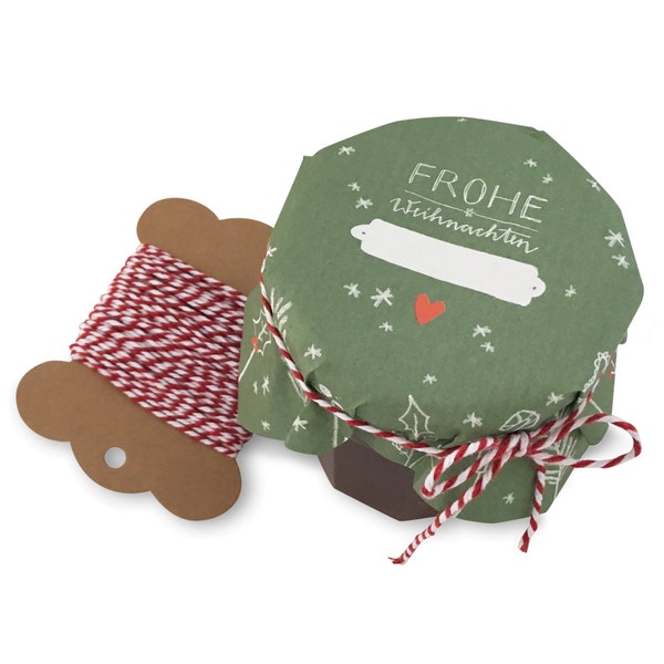 25 Marmeladendeckchen - frohe Weihnachten! | für Weihnachtsgeschenke | Recyclingpapier Abreißblock & Bakers Twine | grün weiß rot
