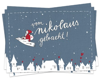 5 Nikolaus Weihnachtskarten - vom Nikolaus gebracht! - Recyclingpapier, Blau Weiß Rot