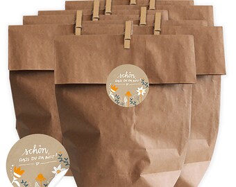 Gift bags SET with 24 stickers in beige, kraft paper bags, & mini clips, nice that you are there, for gifts, as a thank you