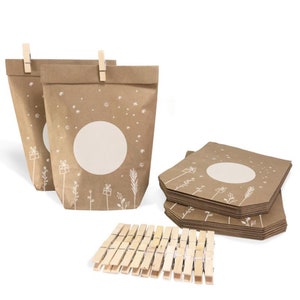 Sacs cadeaux du calendrier de l'Avent à remplir soi-même | 24 sacs en papier kraft décoratifs de Noël comme sacs de l'Avent | 14 cm x 22 cm | avec mini pinces