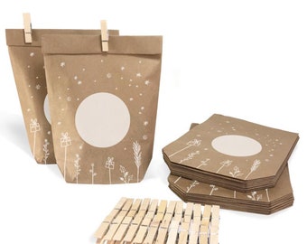 Sacs cadeaux calendrier de l'Avent à remplir soi-même | 24 sacs en papier kraft de décoration de Noël comme sacs de l'Avent | 14 cm x 22 cm | avec mini-clips