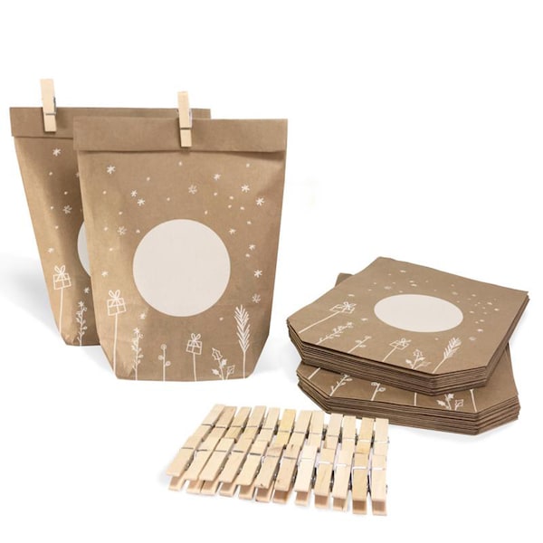 Sacs cadeaux calendrier de l'Avent à remplir soi-même | 24 sacs en papier kraft de décoration de Noël comme sacs de l'Avent | 14 cm x 22 cm | avec mini-clips