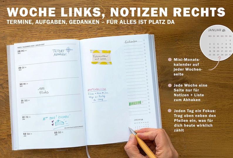 Kalender 2027 Wochenplaner mit 2 Seiten pro Woche 7 Tage links Notizseite rechts Terminplaner in Creme Beige mit Jahresübersicht und Monatsplanung