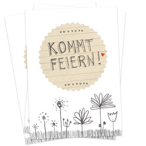 Einladungskarten - Kommt feiern! | Weiß Grau Beige mit Blumen  | vielseitige Recyclingpapier Einladungen für Hochzeit, Geburtstag, Jubiläum