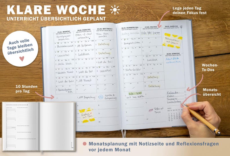 Detailansicht Wochenplanung Lehrerkalender 2026 2027 mit Jahresübersicht, Stundenpläne, Klassenliste, blau rosa